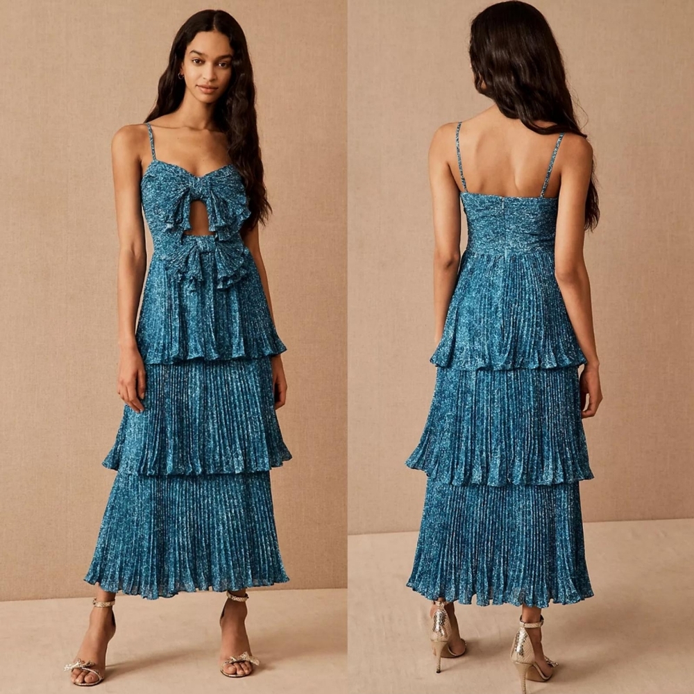 AMUR belinda bow pleated cutout tiered midi dress in ombre teal tropic floral